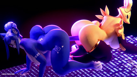 all_fours anthro areola ass_to_ass big_breasts big_butt biped blue_body bouncing_breasts breasts butt clothing dildo dildo_insertion double_dildo duo female female/female female_penetrated female_penetrating female_penetrating_female legwear mostly_nude nipples penetration sex sex_toy sex_toy_insertion sharing_dildo sharing_sex_toy thick_thighs thigh_highs toying_partner yellow_body kasdaq dogzeela_(modeler) bandai_namco digimon nintendo star_fox krystal_(star_fox) canid canine digimon_(species) fox mammal renamon 16:9 3d_(artwork) 3d_animation animated digital_media_(artwork) hi_res high_framerate no_sound short_playtime webm widescreen