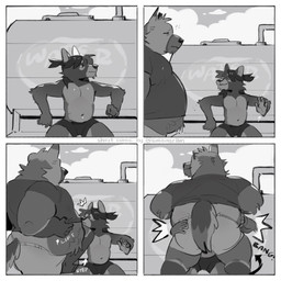 anthro belly belly_in_face big_belly bottomwear butt clothing duo male male/male overweight overweight_male shirt shorts sitting topwear underwear weight_difference gabbagebin canid canine canis domestic_dog mammal 1:1 2024 comic hi_res