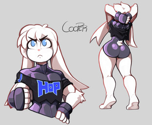 anthro barefoot big_butt blue_eyes butt clothing feet femboy fingerless_gloves fur gloves handwear male plantigrade shoulderless_shirt skinsuit soles solo stretching thick_thighs tight_clothing toes white_body white_fur wide_hips boxx_wrench cooper_(boxx_wrench) lagomorph leporid mammal rabbit hi_res