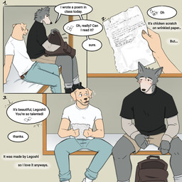 anthro backpack bed belt blush bottomwear claws clothed clothing denim denim_bottomwear denim_clothing dialogue duo eyebrows footwear fur furniture holding_object jeans long_sleeves male muscular muscular_anthro muscular_male on_bed pants paper poetry shirt shoes shorts simple_background sitting smile socks sparkles text thought_bubble topwear tuft casssenpaii beastars jack_(beastars) legoshi_(beastars) bird_dog canid canine canis domestic_dog hunting_dog labrador mammal retriever wolf 1:1 2024 comic english_text hi_res multiple_scenes