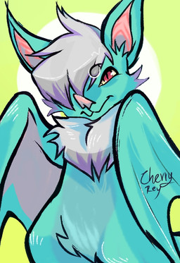 ambiguous_gender anthro big_ears big_tuft blue_body blue_fur ears_up folded_wings fur grey_hair hair pink_ears pointy_ears pointy_nose simple_background solo wings yellow_background cherry_rey bat flying_fox mammal megabat male_(lore)