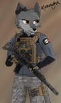 clothing gun male military military_uniform ranged_weapon simple_background solo tactical_gear text uniform weapon wjermghx canid canine canis mammal wolf absurd_res greek_text hi_res