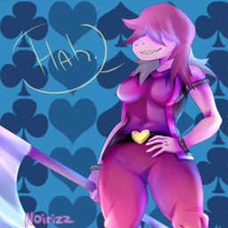 armlet axe belt bottomwear bracelet breasts clothed clothing clubs_(suit) female hair heart_symbol jewelry melee_weapon non-mammal_breasts pants purple_hair sharp_teeth shirt solo spades_(suit) speech_bubble suit_symbol teeth text tomboy toothy_grin topwear weapon noirizz deltarune undertale_(series) susie_(deltarune) reptile scalie 1:1 2018 english_text hi_res