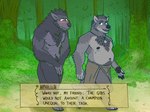 anthro blush bottomwear clothing dialogue duo embarrassed forest fur grey_body grey_fur loincloth male male/male nipples nude overweight overweight_male paws plant text tree vaisz canid canine canis mammal wolf 2022 4:3 digital_media_(artwork) english_text hi_res