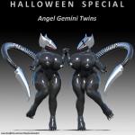 anthro breasts cosplay duo female gynomorph intersex latex latex_body latex_skin machine nipples tail text idsaybucketsofart mythology angela-45 gemini_twins cyber_dragon dragon mythological_creature mythological_scalie scalie 1:1 3d_(artwork) digital_media_(artwork) english_text hi_res url