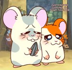 biped blush buckteeth duo fur hearts_around_head leaning male multicolored_body multicolored_fur standing sunflower_seed teeth text three-quarter_view two_tone_body two_tone_fur whiskers crushpepper hamtaro_(series) hamtaro oxnard_(hamtaro) cricetid hamster mammal rodent digital_drawing_(artwork) digital_media_(artwork) english_text hi_res