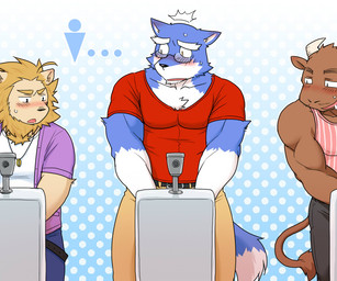 anthro anthro_on_anthro belt blush clothed clothing eyewear facial_hair glasses group horn male male/male muscular muscular_male shirt tank_top topwear trio urinal urinal_peeking cotton_(artist) hero_dekirumon andrew_saitou kevin_takahata bovid bovine canid canine canis cattle felid lion mammal pantherine wolf 6:5