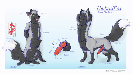 animal_genitalia animal_penis anthro balls black_body black_fur bodily_fluids canine_genitalia canine_penis digital_sketch fur genital_fluids genitals grey_body grey_fur knot knot_in_sheath lipsticking male penis penis_tip precum sheath sitting solo standing text fennec_(artist) umbralfox canid canid_taur canine canine_taur fox fox_taur mammal mammal_taur red_fox silver_fox taur true_fox english_text hi_res model_sheet