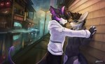 after_kiss anthro black_body black_fur black_hair bodily_fluids car city city_background clothed clothing duo fully_clothed_anthro fur hair horn kissing male male/male purple_horn saliva street street_lamp vehicle white_body white_fur st4rs6 canid hybrid mammal hi_res