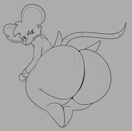 anthro bangs bent_over big_butt bottomless butt butt_focus clothed clothing female frown grey_background hairless_tail huge_butt looking_back rat_tail simple_background solo standing tail thick_thighs wide_hips 25circle mina_the_hollower yacht_club_games mina_(mina_the_hollower) mammal mouse murid murine rodent greyscale hi_res monochrome sketch