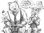 anthro clothed clothing dialogue duo fur horn humanoid_hands male necktie sitting shirako beastars els_(beastars) riz_(beastars) tem_(beastars) alpaca angora_goat bear bovid brown_bear camelid caprine domestic_goat goat mammal ursine 2019 4:3 hi_res monochrome signature