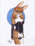 2006 absurd_res anthro breasts cleavage clothed clothing ear_piercing female genitals hi_res lagomorph leporid lingerie looking_at_viewer mammal piercing pinup pose pussy rabbit signature solo terrie_smith traditional_media_(artwork) undressing