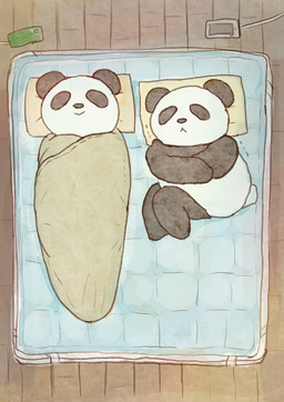 ambiguous_gender anthro bed bedding black_body black_fur black_nose blanket chibi duo fur furniture kemono lying pillow slightly_chubby white_body white_fur araru bear giant_panda mammal 2020 absurd_res hi_res