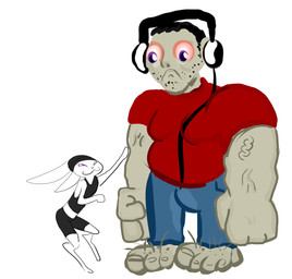 anthro beanie blue_eyes bottomwear clothing death_stare duo electronics fist hair hairy_feet hat headgear headphones headwear imminent_death legwear male male/male moobs muscular pants paws shirt short_hair simple_background slim smile smug tank_top tights topwear vein villegreen human lagomorph leporid mammal rabbit hi_res