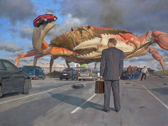 ambiguous_gender billboard building business_suit car clothed clothing cloud cloudy_sky feral fully_clothed group holding_briefcase holding_car license_plate male medium_truck outside parking_lot sky suit trio truck urban utility_pole van vehicle wheel john_brosio arthropod crab crustacean decapod human malacostracan mammal painting_(artwork) signature