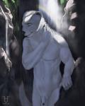 anthro balls biped flaccid foreskin fur genitals hair humanoid_genitalia humanoid_penis male nude outside penis plant smile solo tree water waterfall wet white_body white_fur tintiai siergiej mammal mustelid otter 2019 4:5 digital_media_(artwork)