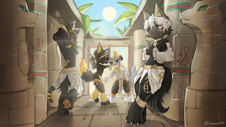 4_toes ankh anthro detailed_background egyptian feet group kemono male pawpads paws sculpture statue toes gaenari1257 canid canine mammal absurd_res hi_res