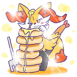 :3 ambiguous_anthro ambiguous_gender anthro biped blush blush_stickers butter closed_smile cutlery dairy_products digitigrade dipstick_tail food fork front_view head_tilt kitchen_utensils markings micro mouth_closed no_pupils object_in_tail one_eye_closed pancake shrimp_(food) simple_background smile solo standing tail tail_markings tools annyui0611 nintendo pokemon braixen canid generation_6_pokemon mammal pokemon_(species) 1:1 2024 digital_drawing_(artwork) digital_media_(artwork) hi_res japanese_description translated_description