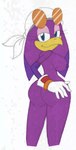 beak blue_eyes breasts butt clothing eyewear female flame_markings glasses gloves handwear kerchief looking_at_viewer markings nipples purple_body side_boob smile solo superix third-party_edit sega sonic_riders sonic_the_hedgehog_(series) wave_the_swallow avian bird hi_res