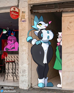 anthro big_breasts black_body breasts clothing eyewear female fur glasses hand_on_hip huge_breasts male nipple_slip nipples pink_eyes purple_body size_difference tail thick_thighs yellow_eyes elferdiart a_chance_encounter deltarune undertale_(series) ralsei susie_(deltarune) tasque_manager felid feline mammal reptile scalie hi_res meme