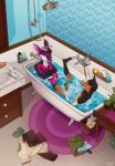 5_fingers anthro bath bathroom bathtub brown_body brown_fur brush claw_foot_bathtub clothing clothing_on_floor detailed_background duo fingers floor fur male playing purple_body purple_fur rubber_duck shirt shower_head sink sitting smile soap tile tile_floor tongue tongue_out toothbrush toothpaste topwear water poofroom canid canine canis deer domestic_dog mammal 2019 digital_media_(artwork) hi_res shaded