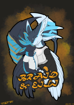 anthro armor big_tail black_body black_feathers black_mantle blue_body blue_feathers blue_markings breastplate clothing coat duo ear_markings eyes_closed facial_markings feather_markings feathered_wings feathers female forehead_markings hand_holding head_markings head_on_head hug male mantle markings neck_tuft nuzzling smile tail tail_feathers tail_markings text topwear tuft white_body white_clothing white_coat white_feathers white_topwear wings yellow_markings toddavali braid_(k'braid) eili_(k'braid) avali absurd_res hi_res