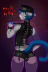 abstract_background anthro biped blue_body blue_fur blue_hair bottomwear bracelet bulge butt clothed clothing collar corset femboy fingerless_(marking) fishnet_clothing fur green_eyes grey_body grey_fur hair hat headgear headwear jewelry laces latex legwear lingerie looking_at_viewer looking_back looking_back_at_viewer male multicolored_body multicolored_fur rear_view shorts skimpy solo spiked_collar spikes standing stockings text thick_thighs topwear two_tone_body two_tone_fur vest whip sweetpupperoo icy_(foxfan88) domestic_cat felid feline felis mammal 2015 english_text hi_res portrait three-quarter_portrait