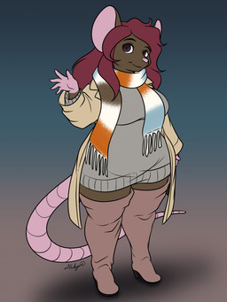 5_fingers anthro big_breasts breasts brown_body clothing female fingers hair jacket legwear looking_up red_hair scarf simple_background slightly_chubby slightly_chubby_anthro slightly_chubby_female smile solo standing sweater tail thick_thighs thigh_highs topwear wide_hips halcy0n yumii_(goovy) mammal murid murine rat rodent 2026 3:4 digital_media_(artwork) hi_res