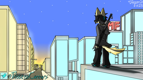 anthro biped building city cityscape clothed clothing fully_clothed high_place male outside sky solo standing star starry_sky street sunrise sunset triggerz canid canine canis mammal wolf