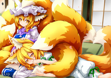 blonde_hair breasts clothed clothed_female clothed_humanoid clothing collaborative collaborative_gesture collaborative_tail_heart dipstick_tail door dress duo female fox_hand_gesture gesture hair head_on_lap inner_ear_fluff inside looking_at_viewer lying markings multi_tail on_lap on_side romper_suit shoji sitting sliding_door smile tail tail_gesture tail_heart tail_hug tail_markings tatami tuft white_clothing white_dress white_tail_tip yellow_eyes yellow_tail kazami_karasu touhou ran_yakumo tsukasa_kudamaki animal_humanoid canid canid_humanoid canine canine_humanoid fox_humanoid humanoid mammal mammal_humanoid 2023 alternate_version_at_source hi_res