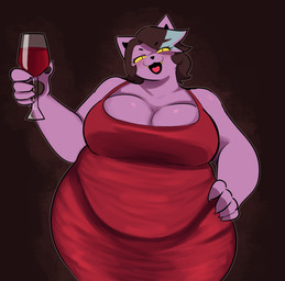 anthro belly big_belly big_breasts black_hair blue_highlights breasts cleavage clothed clothed_anthro clothed_female clothing container cup curvy_figure dress drinking_glass eye_through_hair eyebrow_through_hair eyebrows eyelashes eyelashes_through_hair fangs female female_anthro fingers glass glass_container glass_cup hair hand_on_hip highlights_(coloring) holding_container holding_cup holding_drinking_glass holding_glass holding_object holding_wine_glass open_mouth open_smile overweight overweight_anthro overweight_female pawpads red_clothing red_dress simple_background smile solo teeth translucent translucent_hair wine_glass yellow_sclera samirachuni undertale_(series) catty_cattenheimer domestic_cat felid feline felis mammal 2025 absurd_res digital_drawing_(artwork) digital_media_(artwork) hi_res portrait