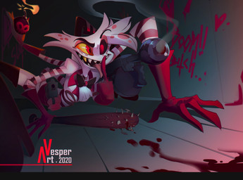 baseball_bat bat_(object) black_sclera blood bodily_fluids bomb clothing explosives fire fur gloves gun handwear holding_gun holding_object holding_ranged_weapon holding_weapon male multi_arm multi_limb open_mouth pink_tongue ranged_weapon red_clothing red_eyes red_gloves red_handwear red_topwear solo submachine_gun text thompson_gun tongue tongue_out topwear weapon white_body white_clothing white_fur white_topwear yellow_sclera vesper_art hazbin_hotel hellaverse angel_dust arachnid arthropod spider 2020 absurd_res artist_name dated hi_res