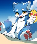 anthro blue_body blue_fur fur gesture hand_gesture male multicolored_body multicolored_fur pawpads sitting sky solo v_sign white_body white_fur yellow_eyes min_furry canid canine mammal 5:6 absurd_res hi_res