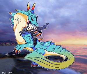 ambiguous_gender beach bottomwear butt claws clothing duo female feral finger_claws head_first oral_vore panties pattern_bottomwear pattern_clothing pattern_panties pattern_underwear peril pigtails size_difference smug striped_bottomwear striped_clothing striped_panties striped_underwear stripes toe_claws underwear vore dotflow_(artist) capcom hyperdimension_neptunia monster_hunter noire_(neptunia) aquatic human lagiacrus leviathan_(mh) mammal