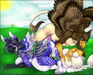 anal anal_penetration anthro black_nipples black_penis black_tongue blue_eyes blush bodily_fluids breasts brown_body brown_feathers brown_wings cum cum_on_egg duo egg excessive_cum excessive_genital_fluids eye_contact feathered_wings feathers featureless_chest feet genital_fluids genitals herm herm/male hill intersex intersex/male licking licking_lips looking_at_another male nipples oviposition penetration penis pink_tongue pregnant pregnant_anthro pregnant_intersex pregnant_sex sex stripes sun tail tail_tuft talons toes tongue tongue_out tuft vaginal_oviposition vein veiny_penis white_stripes wings camychan mythology avian gryphon mythological_avian mythological_creature 2013