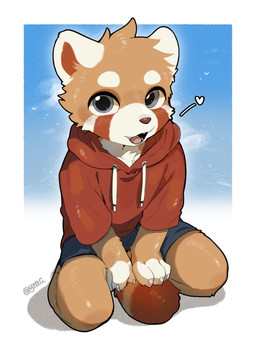 anthro bottomwear brown_body brown_fur clothing cute_fangs fangs fur heart_symbol hoodie kemono looking_at_viewer male red_body red_fur shorts sitting solo tail teeth topwear white_body white_fur young young_anthro young_male yrac bad_rudy grok_(twitter) grok_(x) ailurid mammal red_panda absurd_res hi_res