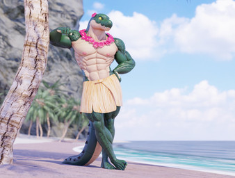 abs anthro arm_support barefoot beach biceps big_muscles bottomwear cliff clothed clothing feet flower flower_accessory flower_necklace flower_on_head grass_skirt green_body green_scales hamstrings hula hula_dancer jewelry leaning leaning_on_elbow lei male muscular muscular_anthro muscular_male navel necklace nipples non-mammal_nipples obliques palm_tree pecs pink_nipples plant plantigrade pupils quads rock_formation scales sea seaside shoreline skirt slit_pupils solo standing tail teeth thicket topless topless_anthro topless_male tree triceps ventral_scales water yellow_sclera yellow_underbelly connivingrat fret helm_(connivingrat) crocodilian reptile scalie 3d_(artwork) digital_media_(artwork) hi_res