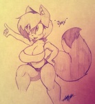 anthro big_breasts big_tail breasts emo_haircut female heroic_pose paper simple_background smile solo tail wide_hips sega sonic_the_hedgehog_(series) fan_character jynx_hedgefox canid canine eulipotyphlan fox hedgehog mammal sketch traditional_media_(artwork)