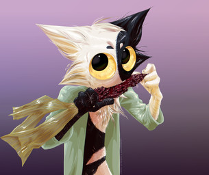 3_fingers anthro big_eyes big_pupils biped black_body black_fur bottomless chest_tuft circle_eyebrows clothed clothing corn detailed_food detailed_fur dirty eating eating_food eyebrows facial_markings fingers food fur gradient_background hair head_markings head_tuft jacket looking_at_viewer looking_up looking_up_at_viewer male markings messy_fur messy_hair plant pupils scar self-harm_scars shirt shirt_only simple_background skinny_male solo split_color standing teeth text topwear topwear_only tuft white_body white_fur yellow_eyes charseraph conditional_dnp moonlit-comet piquet_(moonlit-comet) domestic_cat felid feline felis mammal 2025 artist_collaboration artist_name cel_shading detailed digital_media_(artwork) half-length_portrait hi_res portrait shaded