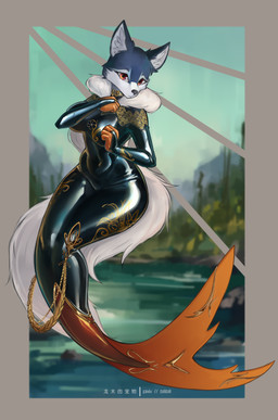 big_breasts bodysuit breasts clothed clothing female form_fitting fur hair latex latex_bodysuit latex_clothing latex_mermaid latex_skinsuit looking_at_viewer mermaid_tail skinsuit solo species_transformation split_form tight_clothing transformation water wide_hips shanher aquatic canid canine canis mammal merfolk wolf absurd_res hi_res