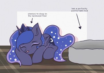 acting_like_a_cat bed blue_body blue_hair blue_tail crown directional_arrow ethereal_hair ethereal_tail female feral furniture hair headgear horn sleeping solo sparkles tail text tiara whiskers wings nnalyart friendship_is_magic hasbro my_little_pony mythology princess_luna_(mlp) domestic_cat equid equine felid feline felis hybrid mammal mythological_creature mythological_equine winged_unicorn english_text hi_res