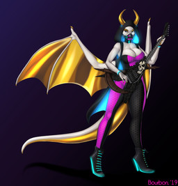 anthro biped boots breasts clothed clothing electric_guitar female footwear gas_mask guitar high_heeled_boots high_heels horn looking_at_viewer mask membrane_(anatomy) membranous_wings musical_instrument non-mammal_breasts plucked_string_instrument shoes solo standing string_instrument tail wings reina. mythology dragon mythological_creature mythological_scalie scalie 2019 hi_res