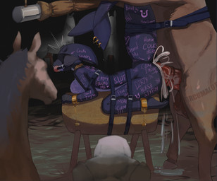 anthro anthro_on_feral anthro_penetrated balls bestiality binder_(restraint) bodily_fluids body_writing breeding_stand cum cum_inside female feral feral_penetrating gag genital_fluids genitals group male male/female penetration restraints rough_sex sex size_difference text appledogg aquatic equid equine fish horse mammal english_text