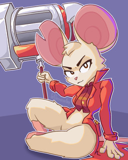4_fingers anthro big_ears big_hammer bottomless breasts brown_eyes button_(fastener) clothed clothing coat eyebrows featureless_crotch female fingers fur hammer_(weapon) leaning_on_hand looking_at_viewer medium_breasts notched_ear red_clothing red_coat red_shirt red_topwear round_ears shirt simple_background sitting smile solo tail thick_thighs topwear weapon white_body white_fur wide_hips selfdestructking mina_the_hollower yacht_club_games mina_(mina_the_hollower) mammal mouse murid murine rodent absurd_res hi_res