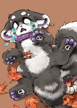 ambiguous_gender black_body black_fur bodily_fluids bone bone_tail collar collar_only crying ear_piercing feral fluffy fluffy_tail fur fur_markings inner_ear_fluff leaf lying markings multicolored_body multicolored_fur nude on_back open_mouth pawpads paws piercing simple_background skull solo spread_legs spreading tail tears teeth tuft two_tone_body two_tone_fur white_body white_fur xuexiamaoyaozi toboe_(xuexiamaoyaozi) ailurid mammal red_panda undead colored hi_res