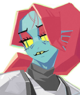 anthro armor blue_body blue_skin buckteeth ear_fins eyelashes eyeshadow female fin green_eyes hair long_hair looking_aside looking_down makeup narrowed_eyes open_mouth pupils red_hair simple_background slit_pupils solo teeth yellow_sclera ratpower undertale_(series) undyne aquatic fish bust_portrait digital_drawing_(artwork) digital_media_(artwork) hi_res portrait