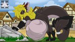 16:9 anthro anthro_pred big_butt big_tail black_body blonde_hair breasts butt digestion digital_media_(artwork) dragon ear_piercing ear_ring female female_pred fluffy fluffy_hair grass hair horn huge_tail leaning leaning_on_rock licking licking_lips looking_at_viewer multicolored_body multiple_prey mythological_creature mythological_scalie mythology piercing plant ring_piercing rock scalie sentinelwinder struggling struggling_prey tail thick_tail tongue village vore widescreen windera_(sentinelwinder)