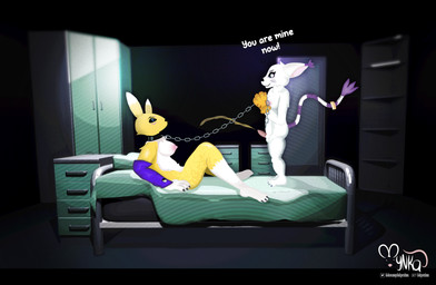 anthro areola balls bed black_sclera blue_eyes bodily_fluids bound breasts chain chain_leash chained clothing collar dominant duo female fur furniture genital_fluids genitals golden_shower gynomorph handwear intersex leash lying lying_on_bed nipples nude on_back on_bed peeing peeing_on_another penis spread_legs spreading submissive tapering_penis text urine urine_stream watersports white_body white_fur yellow_body yellow_fur mynka bandai_namco digimon digimon_(species) gatomon renamon digital_media_(artwork) english_text hi_res