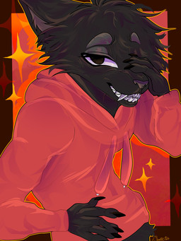 ambiguous_gender anthro bared_teeth black_body claws clothing hoodie inner_ear_fluff male one_eye_obstructed raised_arm red_clothing red_hoodie red_topwear teeth topwear tuft kiruthekat domestic_cat felid feline felis mammal 3:4 half-length_portrait portrait