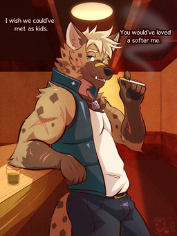 5_fingers anthro black_nose blonde_hair brown_body brown_fur cigarette clothed clothed_anthro clothed_male clothing container cup dialogue dog_tags drinking_glass fangs fingers fur glass glass_container glass_cup hair male markings scar shirt shot_glass smile smoke solo spots spotted_body spotted_fur tank_top teeth text topwear vest ventkazemaru hyena mammal english_text hi_res